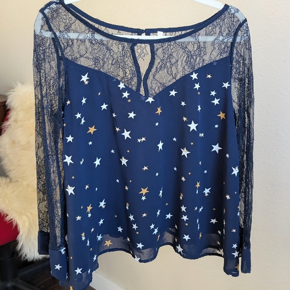 Starry Night Blouse in Midnight Blue with Lace Sleeves and Back - Picture 3 of 12